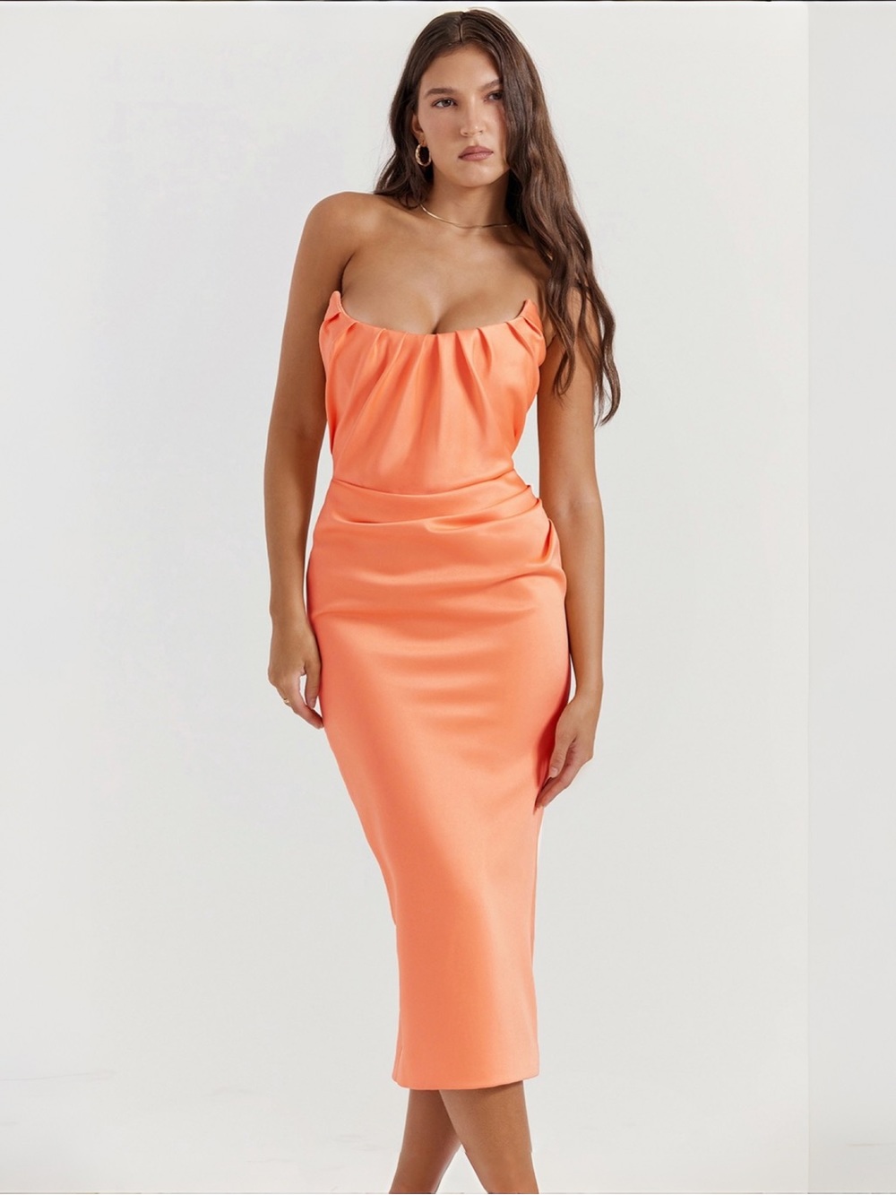 House of CB Alora Tangerine Strapless Corset Midi Dress Orange Sz S $255 NWT - Picture 3 of 11